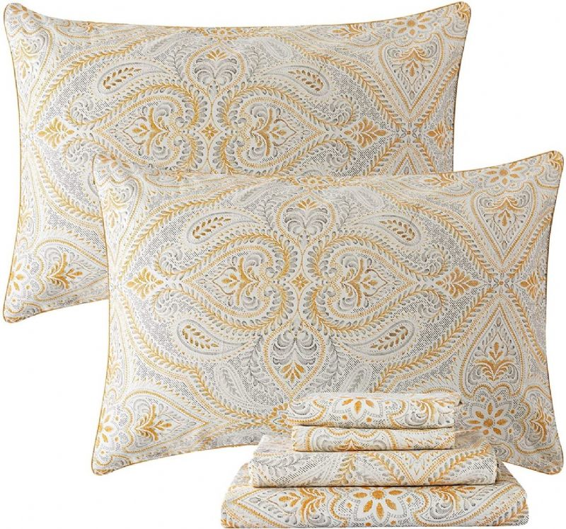 4pcs Luksuzna Zlatna Paisley Posteljina Garnitura Klasične Posteljine Od Damasta 100% Pamuk Prozračna Ultra Mekana Hipoalergena Plahta Dubokih Džepova