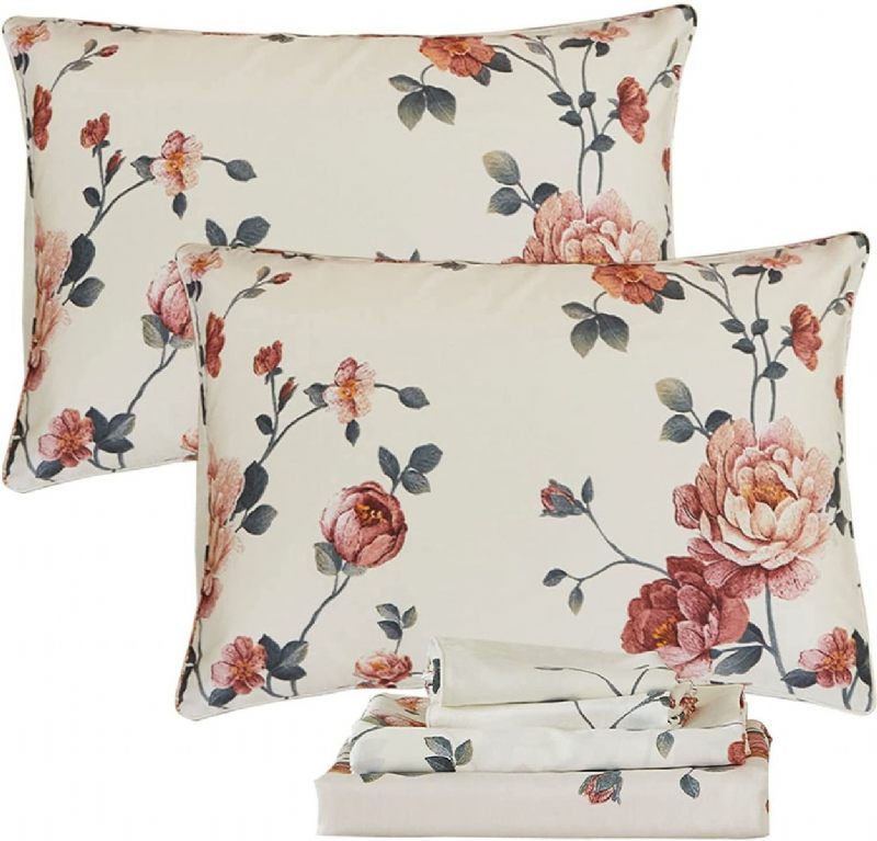 Bež Komplet Cvjetne Posteljine Shabby Farmhouse Od 4 Komada Elegantna Posteljina S Cvijetom Božura U Cvatu 100% Egipatski Pamuk 800 Niti S Dubokim Džepovima.