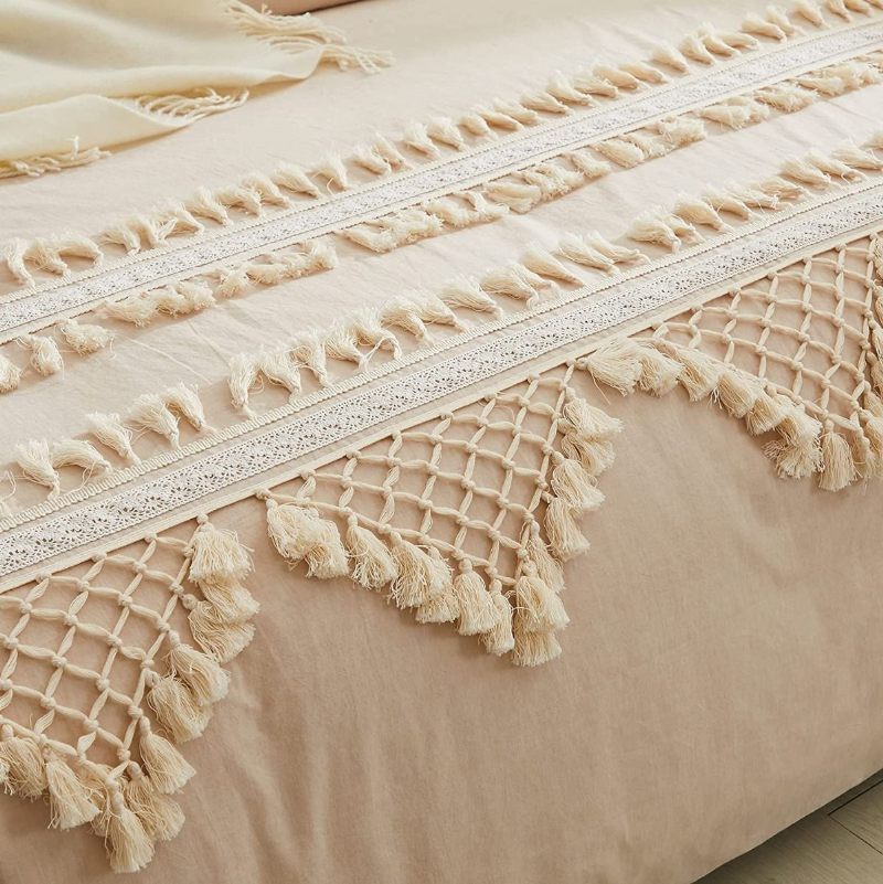 Boho Posteljina Od 3 Kom. 100% Isprani Pamuk Trokutasti Čipkasti Dizajn S Kićankama Komplet Navlaka Za Poplun Svijetlosmeđe Boje