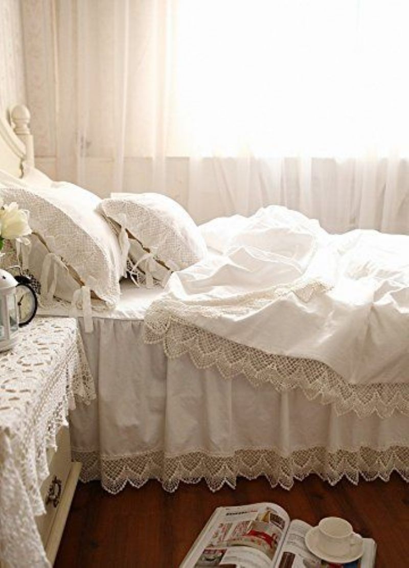 Elegantni I Otrcani Kompleti Prekrivača Od Gipure Snježnobijele Čipke 100% Pamuk 60 Tkanina Izvrsna Rukotvorina 4-dijelna
