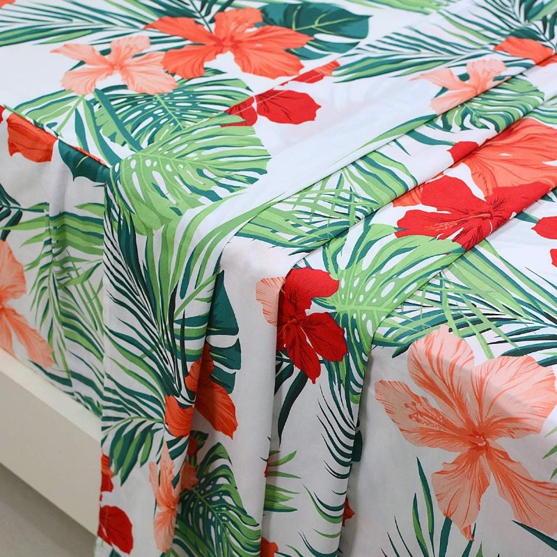 Havajska Posteljina Garnitura Tropskog Crvenog Hibiskusa Palmino Lišće 100% Pamuk Hipoalergenska Plahta S Dubokim Džepovima 4-dijelna