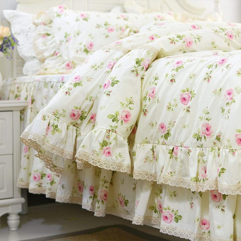 Komplet Navlaka Za Poplun S Rozetama I Cvjetnim Printom Princess Set Posteljine S Čipkom I Volanima Za Djevojčice 4 Komada