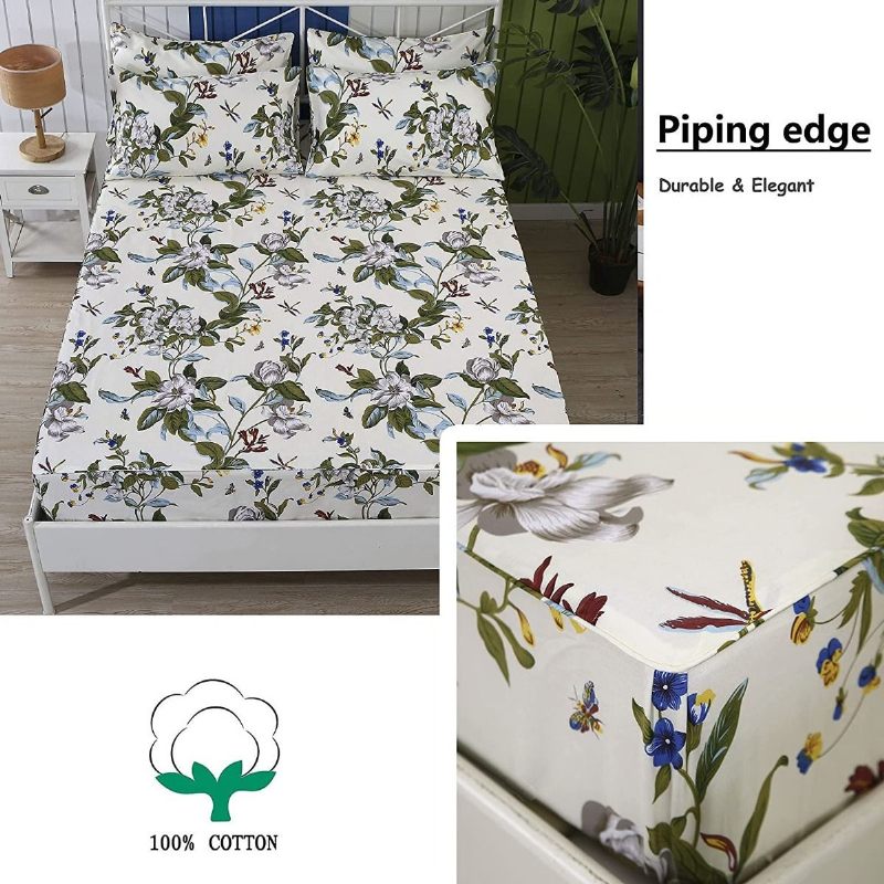 Otrcana Cvjetna Posteljina Na Farmi 100% Pamuk 600 Tc Vintage Cvjetni Botanički Print Garnitura Posteljine Bijeli Cvijet I Zeleno Lišće S Dubokim Džepovima