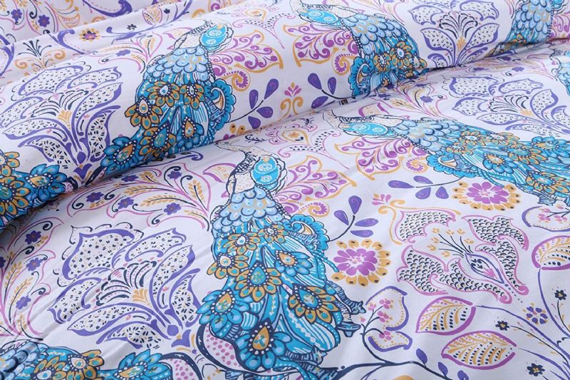 Set Posteljine U Obliku Pauna Od 3 Kom. Damast Navlaka Za Poplun Posteljina S Paisley Uzorkom Boho Stil Bohemia Plavo Bijelo Ljubičasto Narančasta