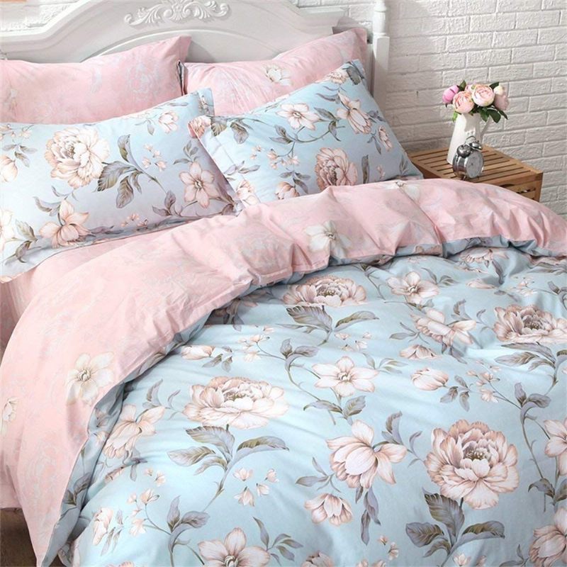 Shabby Roza Plava Cvjetna Posteljina Set Pamučnih Navlaka Za Poplun 4-dijelni