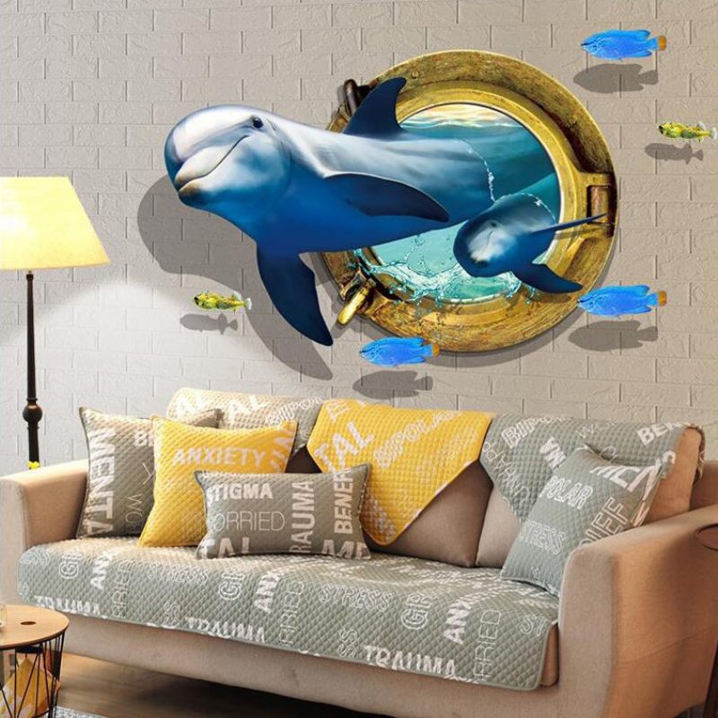Miico Creative 3d Dupin Prozor Morske Ribe Pvc Uklonjiva Kućna Soba Dekorativna Naljepnica Za Zidni Dekor