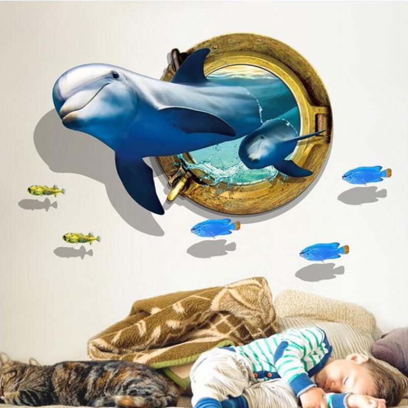 Miico Creative 3d Dupin Prozor Morske Ribe Pvc Uklonjiva Kućna Soba Dekorativna Naljepnica Za Zidni Dekor